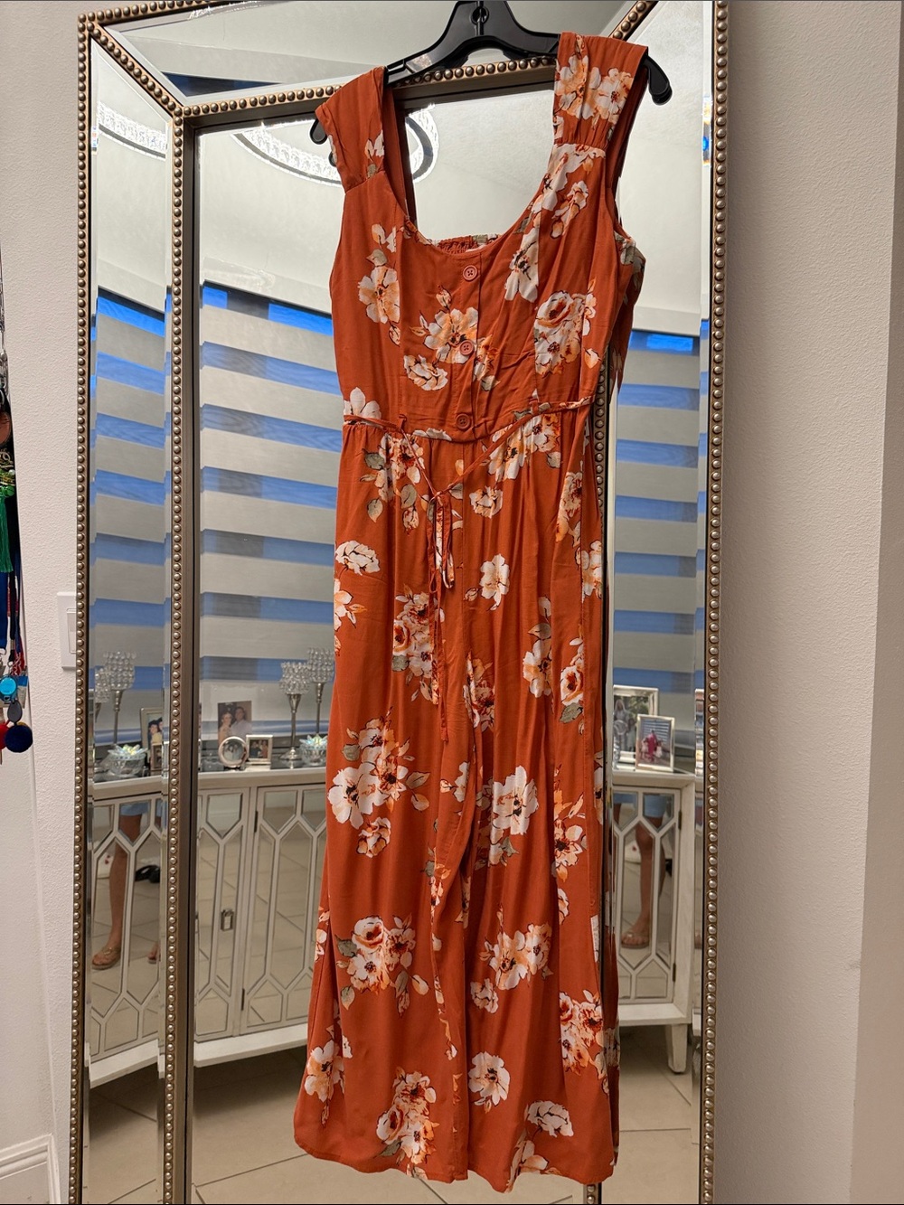 Floral Rust Maxi Dress with Tie Waist